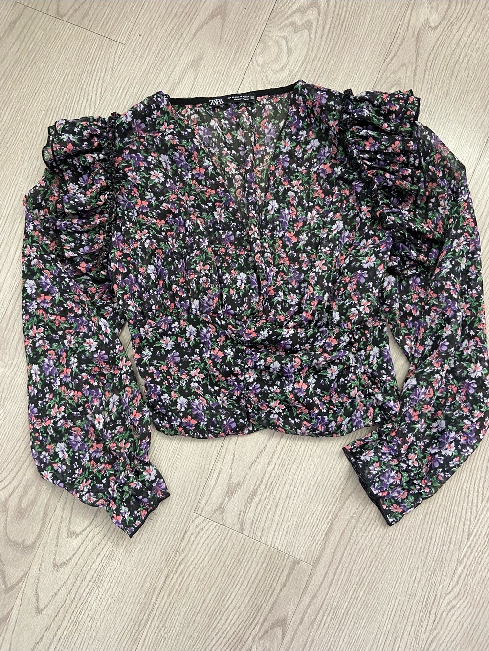Zara Black Floral Ruffle V-Neck Blouse with Pink & Purple Blooms